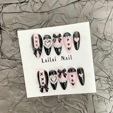 Qfdian 10Pcs Almond Handmade Press On Nails Middle Length Black Pink Color Fake Nails False Ballet Shoes Design Hearts Bows Decoration